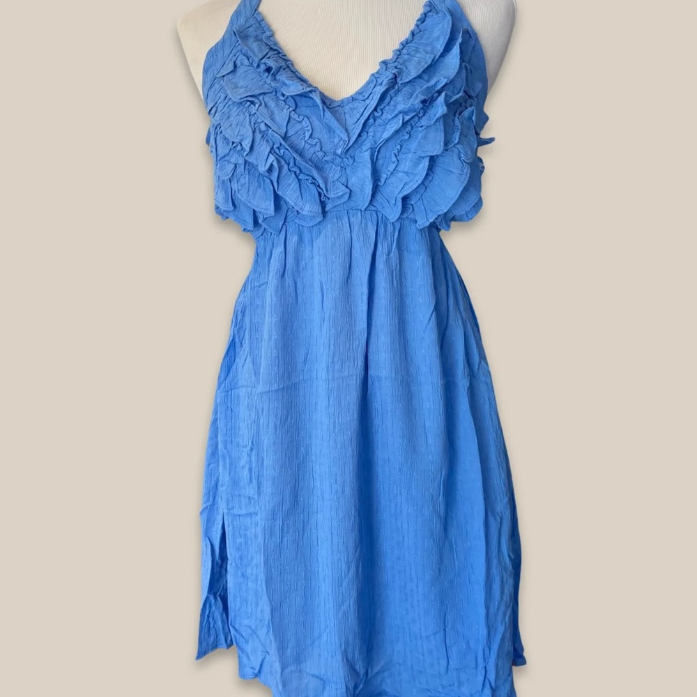Illa Illa Blue Jacquard Shirring & Ruffles Halter Mini Dress